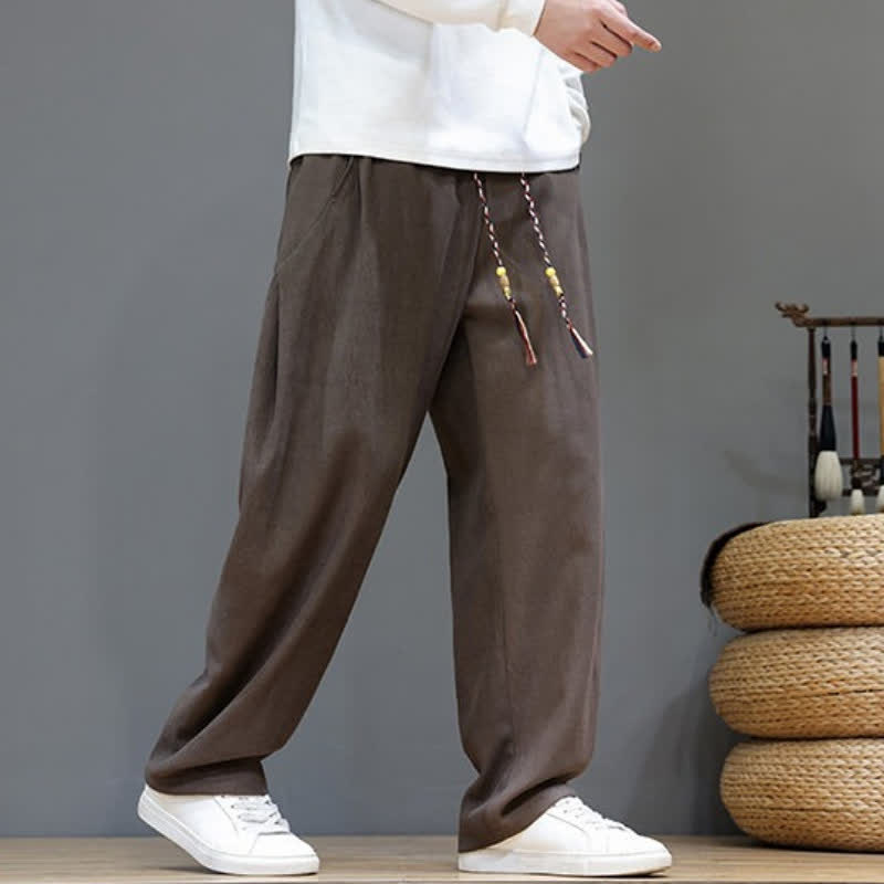Buddha Stones Lässige lange Herrenhose mit Kordelzug, geradem Bein und Taschen für Herbst und Winter - image 1