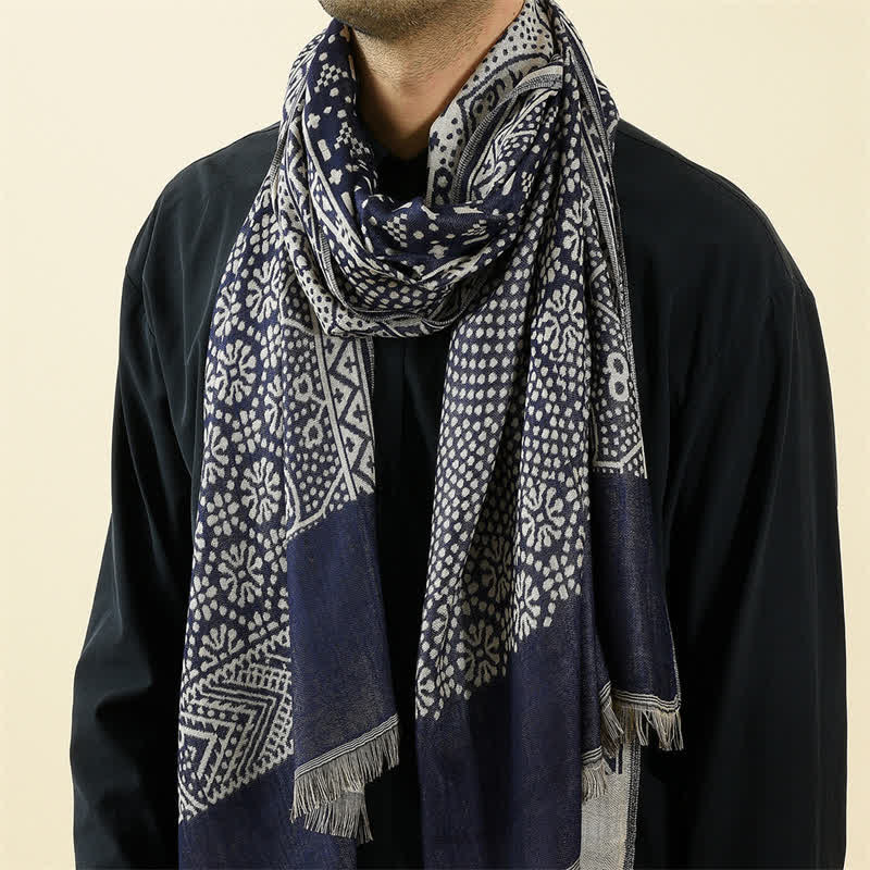Buddha Stones Herbst-Winter-Schal mit geometrischem Paisley-Quastenmuster, wendbar und kuschelig - Marine - Ca. 25,6 Zoll × 77,0 Zoll / 65 × 195 cm - image 0