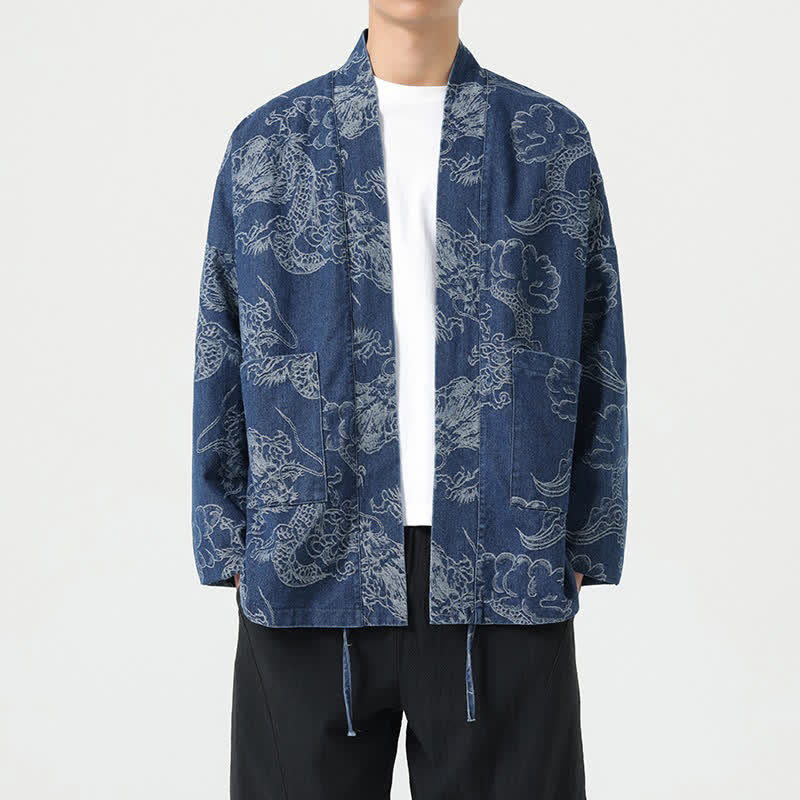 Buddha Stones Frühlingshafter Vintage-Herrenkimono mit Kordelzug, Drachen- und Wolkenmuster, Taschen - SteelBlue - US/UK/AU46, EU56 (3XL) - image 0