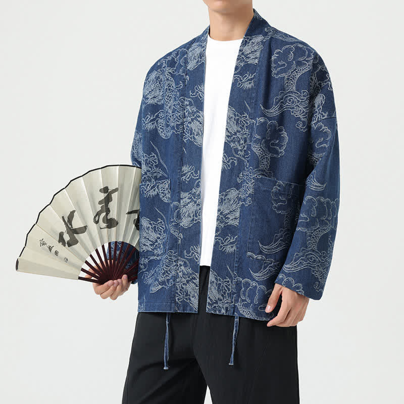 Buddha Stones Frühlingshafter Vintage-Herrenkimono mit Kordelzug, Drachen- und Wolkenmuster, Taschen - image 1