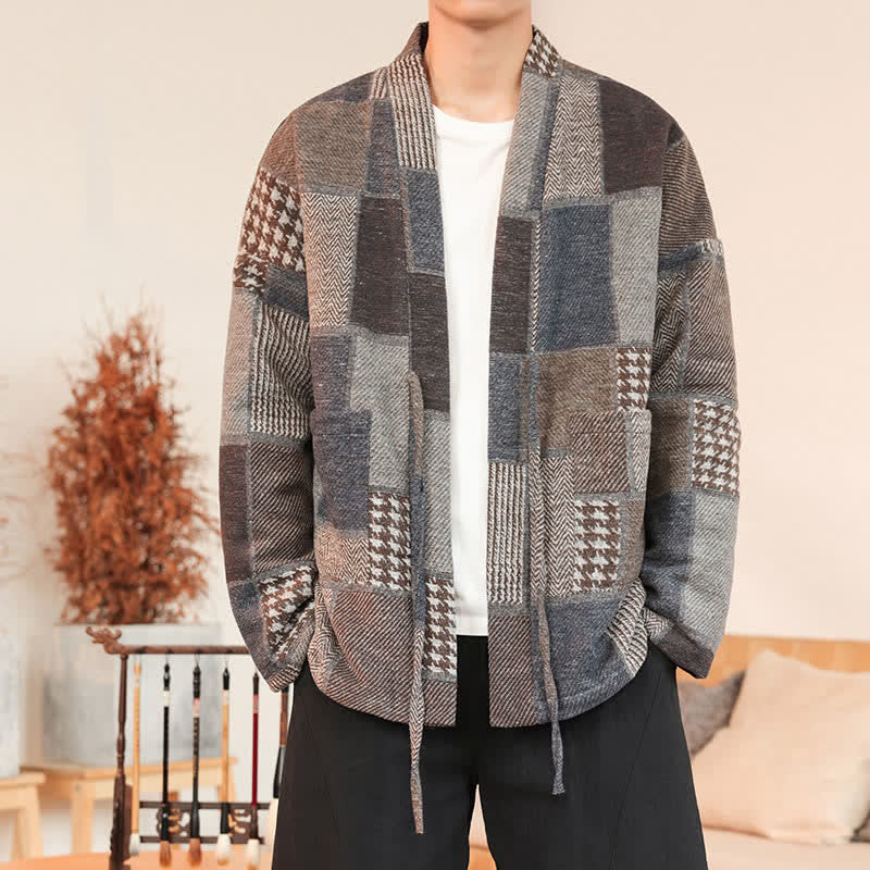 Buddha Stones Herbst/Winter Lässiger Vintage-Kimono für Herren mit Kordelzug, Karomuster und Taschen - image 1