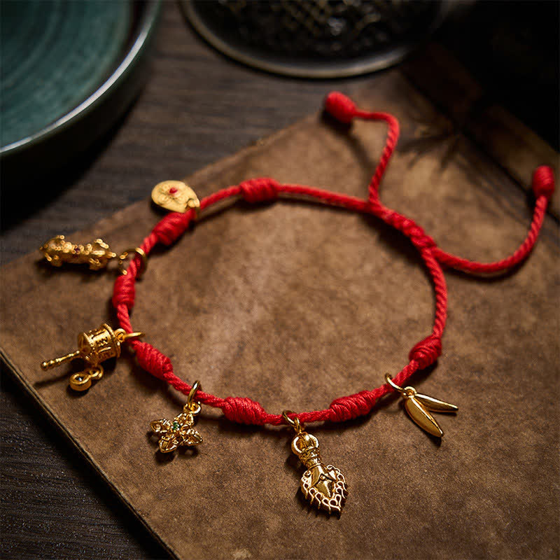 Buddha Stones Handgefertigtes Armband mit sieben Knoten, rotem Faden, Om Mani Padme Hum Gebetsrad, Vajra, Bambusblatt, Zakiram Glücksbringer - image 1