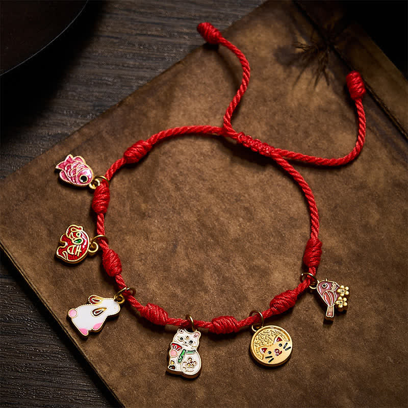 Buddha Stones Handgefertigtes Armband mit sieben Knoten, rotem Faden, Koi-Fisch, Elefant, Kaninchen, Katze, lila Elster und Glücksbringer - image 1