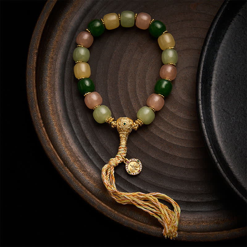 Buddha Stones Armband aus cyanfarbenen Jade-Quarzit-Jade-Perlen mit abgerundeten Rechtecken - 9 × 10 mm mehrfarbige Quaste - image 0