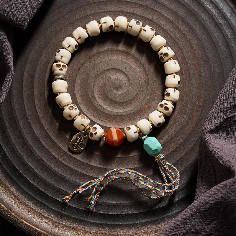 Buddha Stones Tibetisches Knochenperlen-Armband mit Totenkopfmuster „Herr des Leichenwaldes“ – Erdungsarmband - image 1
