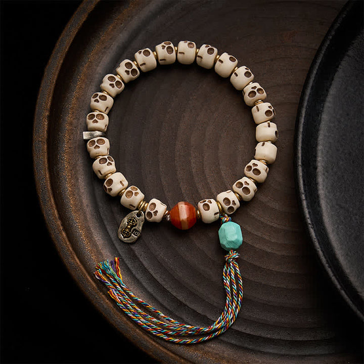 Buddha Stones Tibetisches Knochenperlen-Armband mit Totenkopfmuster „Herr des Leichenwaldes“ – Erdungsarmband - 9 × 6,3 mm - image 0