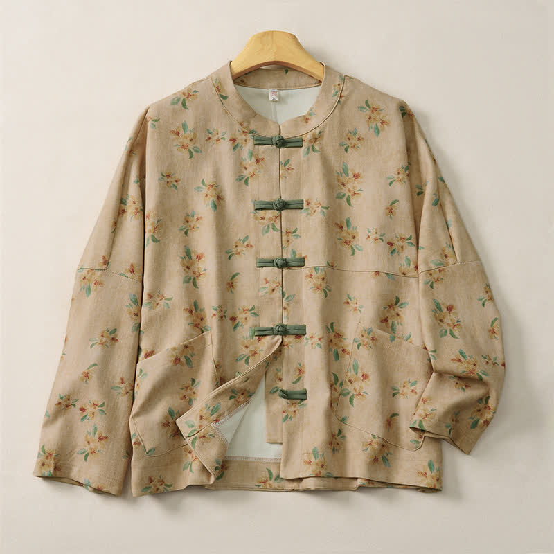 Buddha Stones Herbstliche Vintage-Damenjacke im Tang-Stil mit Froschknopfleiste, Blumenmuster und Taschen - Bräunen - US14, UK/AU18, EU46 (2XL) - image 0