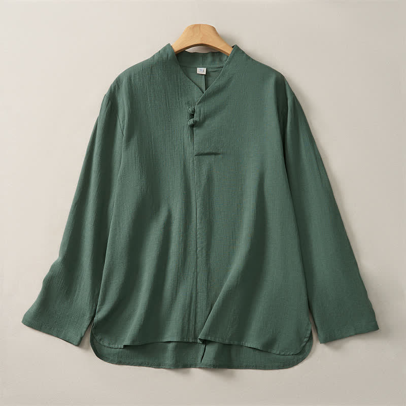 Buddha Stones Lässige Herrenhemden im Tang-Stil mit Stehkragen, langärmlig, aus einfarbiger Baumwolle, ideal für Frühling und Herbst. - SeaGreen - US/UK/AU46, EU56 (5XL) - image 0