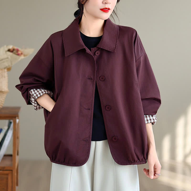 Buddha Stones Lässige Vintage-Herbstjacke für Damen mit Knopfleiste, einfarbigem Karomuster und Taschen - image 12