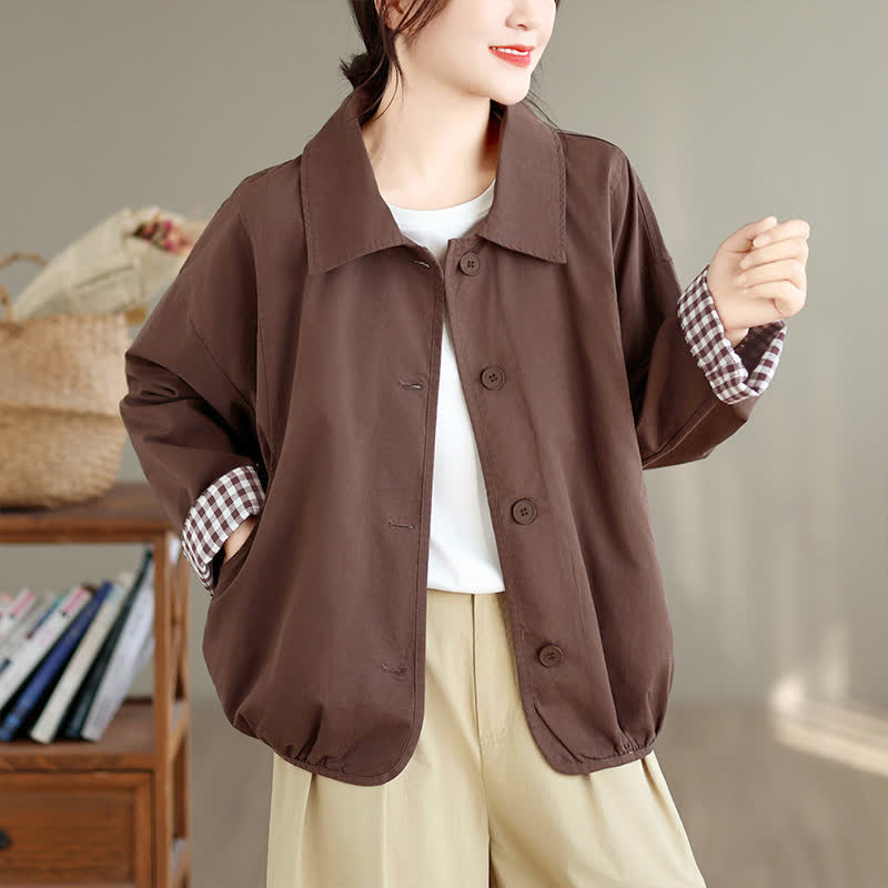 Buddha Stones Lässige Vintage-Herbstjacke für Damen mit Knopfleiste, einfarbigem Karomuster und Taschen - image 1