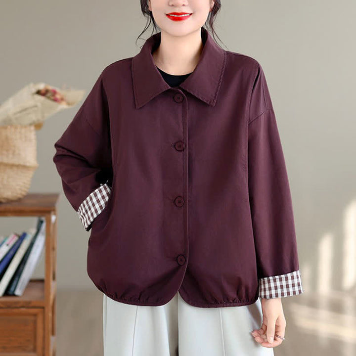 Buddha Stones Lässige Vintage-Herbstjacke für Damen mit Knopfleiste, einfarbigem Karomuster und Taschen - Mittelviolettrot - US14, UK/AU18, EU46 (2XL) - image 13