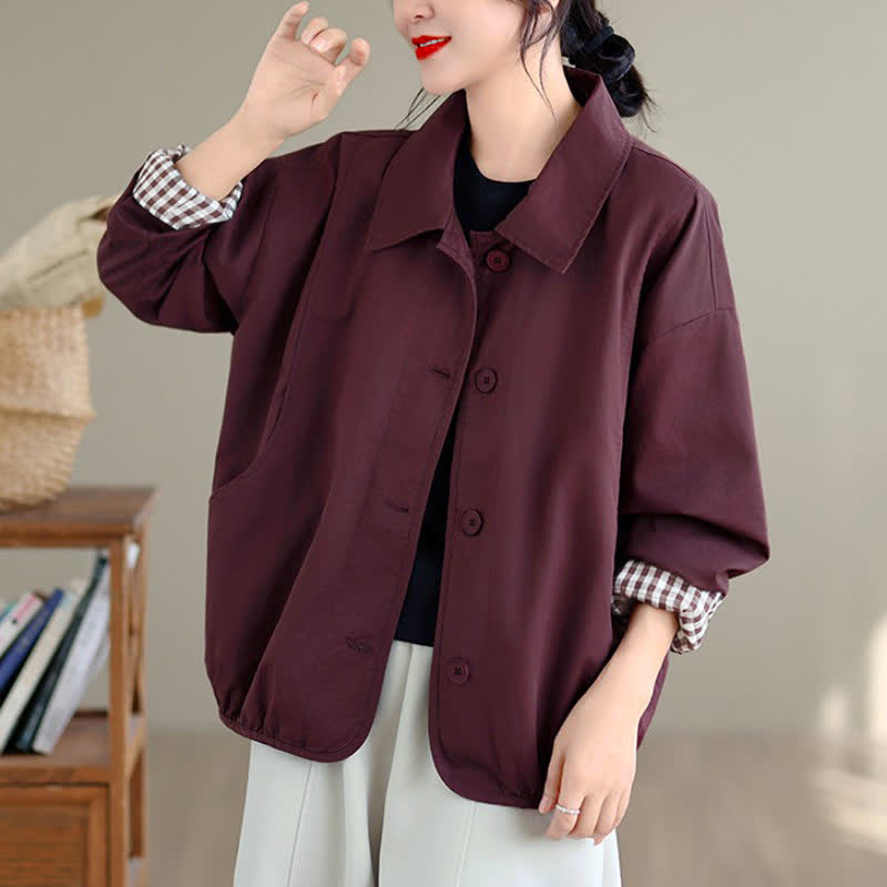 Buddha Stones Lässige Vintage-Herbstjacke für Damen mit Knopfleiste, einfarbigem Karomuster und Taschen - image 15