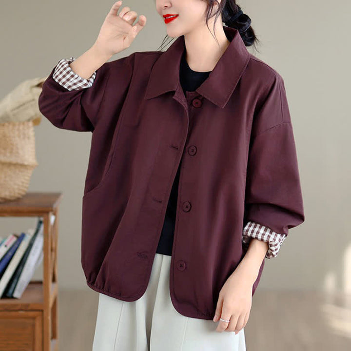 Buddha Stones Lässige Vintage-Herbstjacke für Damen mit Knopfleiste, einfarbigem Karomuster und Taschen - image 15
