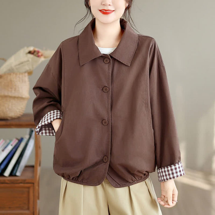 Buddha Stones Lässige Vintage-Herbstjacke für Damen mit Knopfleiste, einfarbigem Karomuster und Taschen - image 4