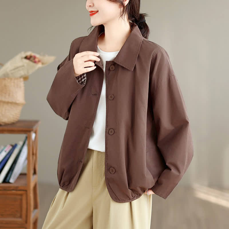 Buddha Stones Lässige Vintage-Herbstjacke für Damen mit Knopfleiste, einfarbigem Karomuster und Taschen - image 5
