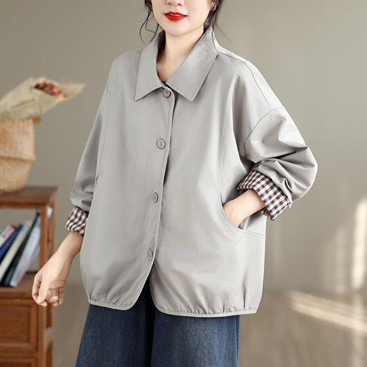 Buddha Stones Lässige Vintage-Herbstjacke für Damen mit Knopfleiste, einfarbigem Karomuster und Taschen - image 22