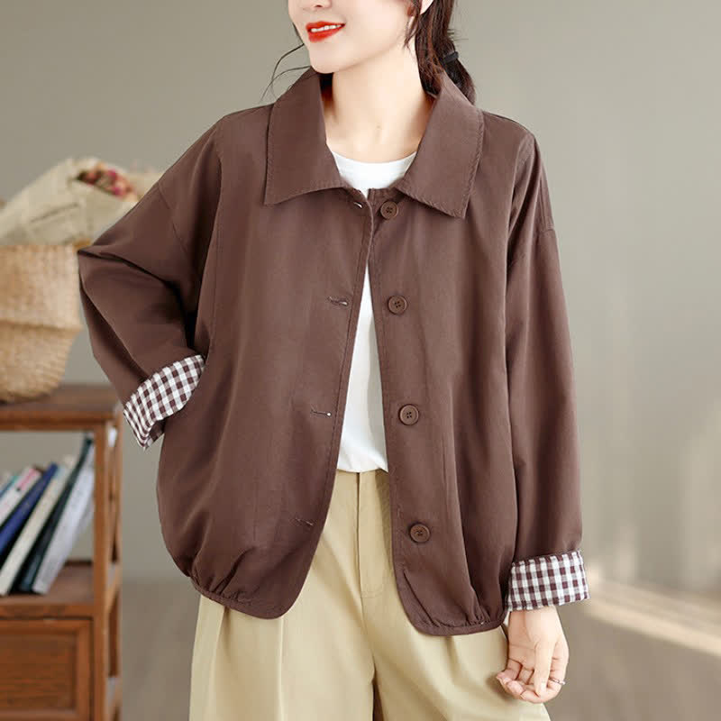 Buddha Stones Lässige Vintage-Herbstjacke für Damen mit Knopfleiste, einfarbigem Karomuster und Taschen - image 3
