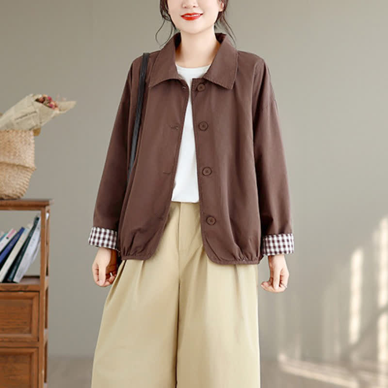 Buddha Stones Lässige Vintage-Herbstjacke für Damen mit Knopfleiste, einfarbigem Karomuster und Taschen - image 6