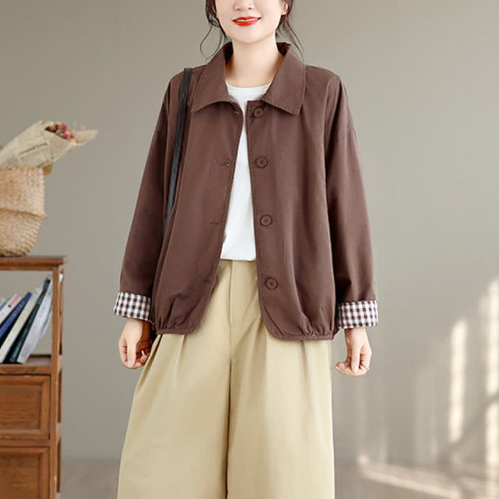 Buddha Stones Lässige Vintage-Herbstjacke für Damen mit Knopfleiste, einfarbigem Karomuster und Taschen - image 6