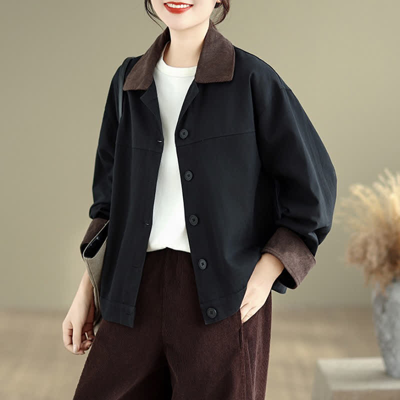 Buddha Stones Lässige, einfarbige Damenjacke im Vintage-Stil mit Kontrastbesatz, Knopfleiste und Knopfleiste für den Herbst - image 1