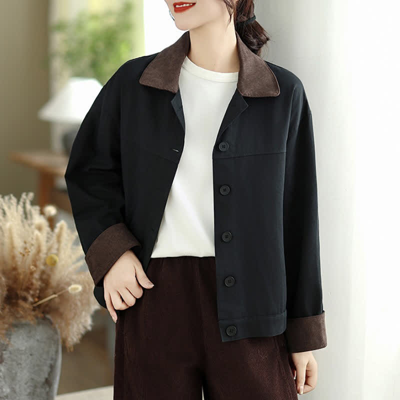 Buddha Stones Lässige, einfarbige Damenjacke im Vintage-Stil mit Kontrastbesatz, Knopfleiste und Knopfleiste für den Herbst - Schwarz - US8-10, UK/AU12-14, EU40-42 (2XL) - image 0