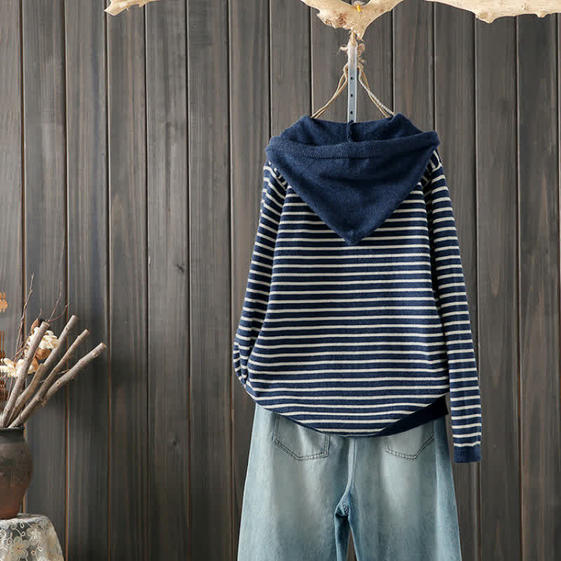 Buddha Stones Lässiger, klassischer Damen-Hoodie mit Kordelzug und Streifenmuster aus Baumwolle für Herbst und Winter – perfekt für Herbst und Winter. - image 1