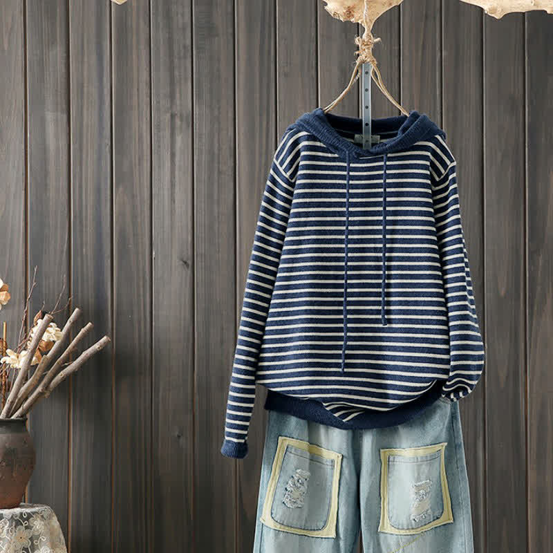 Buddha Stones Lässiger, klassischer Damen-Hoodie mit Kordelzug und Streifenmuster aus Baumwolle für Herbst und Winter – perfekt für Herbst und Winter. - Marine - US4-6, UK/AU8-10, EU36-38 (F) - image 0