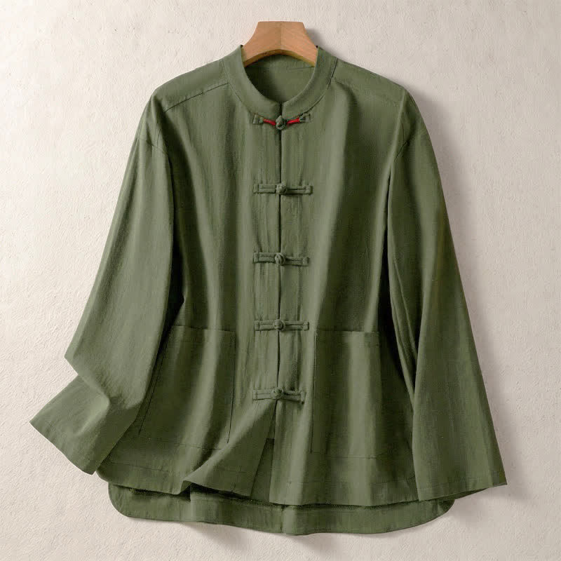 Buddha Stones Vintage-Herbstbluse im Tang-Stil mit Froschknopfleiste, Stehkragen, einfarbig, langärmlig und mit Taschen - Dunkelolivgrün - US8-10, UK/AU12-14, EU40-42 (2XL) - image 0