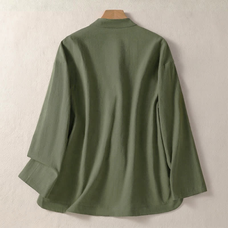 Buddha Stones Vintage-Herbstbluse im Tang-Stil mit Froschknopfleiste, Stehkragen, einfarbig, langärmlig und mit Taschen - image 1
