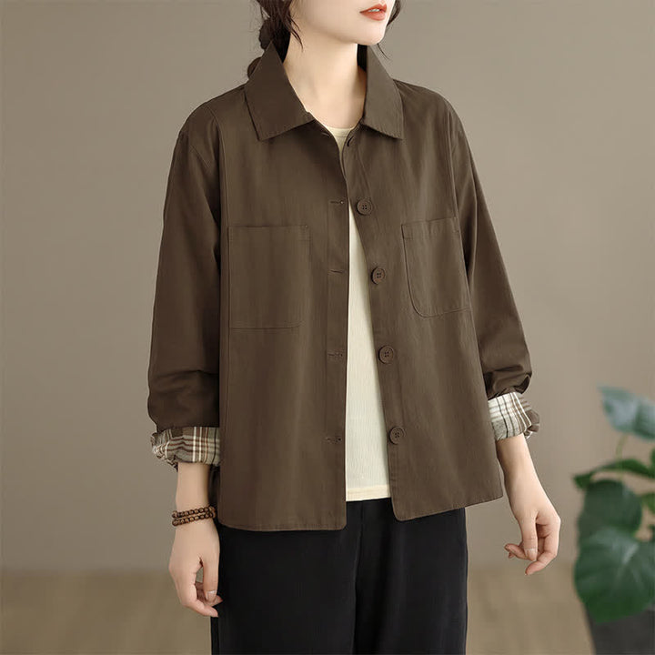 Buddha Stones Basic-Damenjacken im minimalistischen Stil für den Herbst mit aufgesetzten Taschen - Sattelbraun - US8-10, UK/AU12-14, EU40-42 (2XL) - image 9
