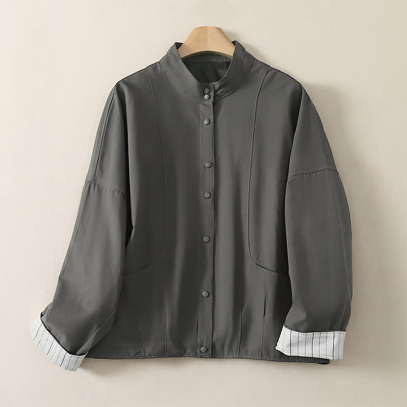 Buddha Stones Lässige, minimalistische, kurze Damenjacke mit Stehkragen und Taschen für Herbst und Winter - DimGray - US14, UK/AU18, EU46 (2XL) - image 0