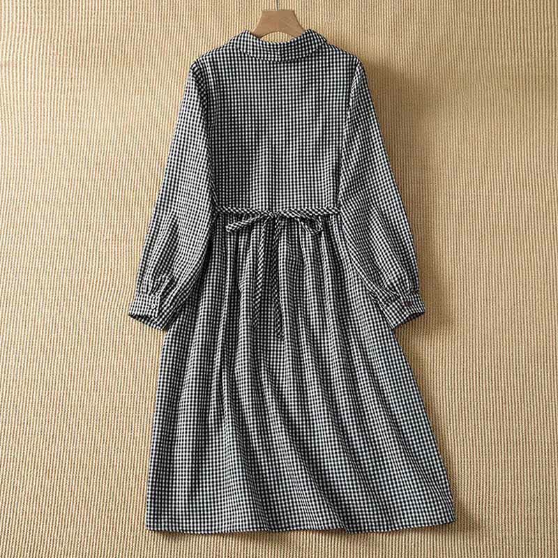 Buddha Stones Herbstliches Vintage-Kleid für Damen, schwarz-weiß kariert, langärmelig, mit Knopfleiste und Taschen - image 1