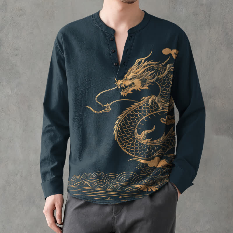 Buddha Stones Baumwoll-Langarmhemd mit goldenem Drachenwellenmuster, V-Ausschnitt und Knöpfen für Herren - Marine - US/ UK/AU48, EU58 (4XL) - image 14