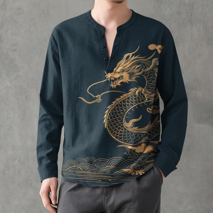 Buddha Stones Baumwoll-Langarmhemd mit goldenem Drachenwellenmuster, V-Ausschnitt und Knöpfen für Herren - Marine - US/ UK/AU48, EU58 (4XL) - image 14