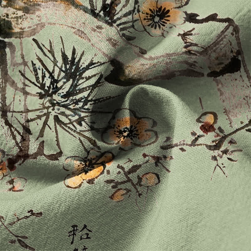 Buddha Stones Langarmhemden aus Baumwolle mit gelben Tannenblumenmuster, V-Ausschnitt und Knöpfen - image 13