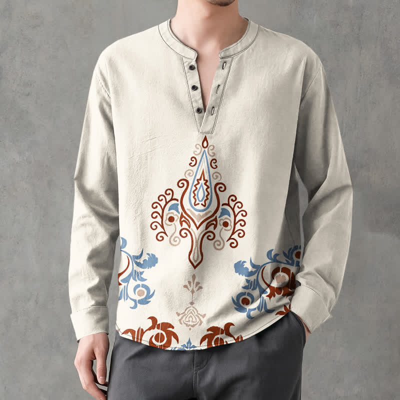 Buddha Stones Herrenhemd aus Baumwolle mit mehrfarbigem geometrischem Ethno-Muster, V-Ausschnitt und Knöpfen, langärmlig - Leinen - US/ UK/AU48, EU58 (4XL) - image 0