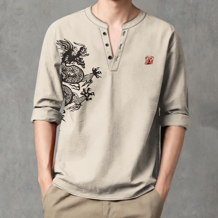 Buddha Stones Langarmhemd aus Baumwolle mit Drachen- und Siegelmuster, V-Ausschnitt und Knöpfen - Beige - US/UK/AU48, EU58 (4XL) - image 0