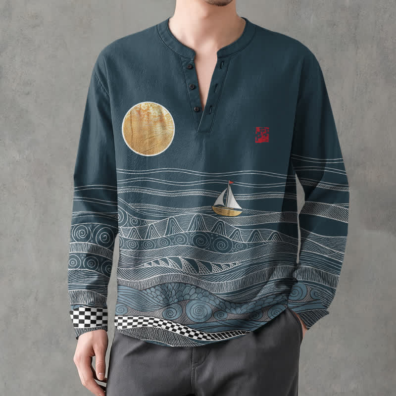 Buddha Stones Baumwoll-Langarmhemd mit Ozeanwellen-, Segelboot- und Mondmuster, V-Ausschnitt und Knöpfen für Herren - Kadettenblau - US/ UK/AU48, EU58 (4XL) - image 0