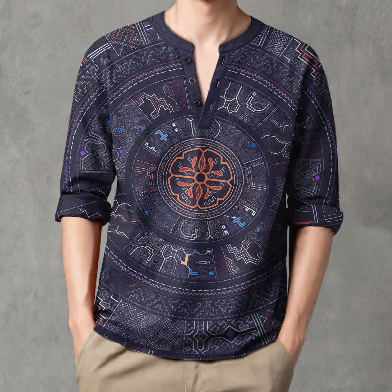Buddha Stones Herrenhemd mit langen Ärmeln, V-Ausschnitt, Knopfleiste und Mandala-Muster aus Baumwolle - Marine - US/ UK/AU48, EU58 (4XL) - image 0