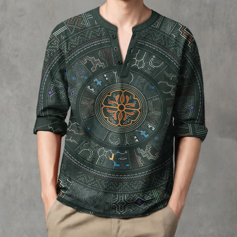 Buddha Stones Herrenhemd mit langen Ärmeln, V-Ausschnitt, Knopfleiste und Mandala-Muster aus Baumwolle - Dunkelgrün - US/ UK/AU48, EU58 (4XL) - image 7