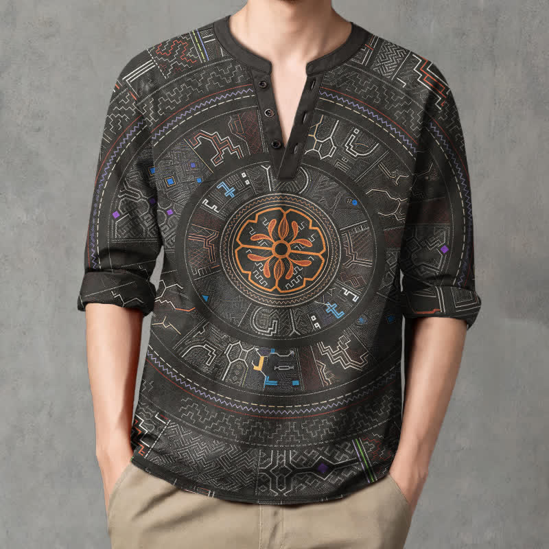 Buddha Stones Herrenhemd mit langen Ärmeln, V-Ausschnitt, Knopfleiste und Mandala-Muster aus Baumwolle - Schwarz - US/ UK/AU48, EU58 (4XL) - image 14