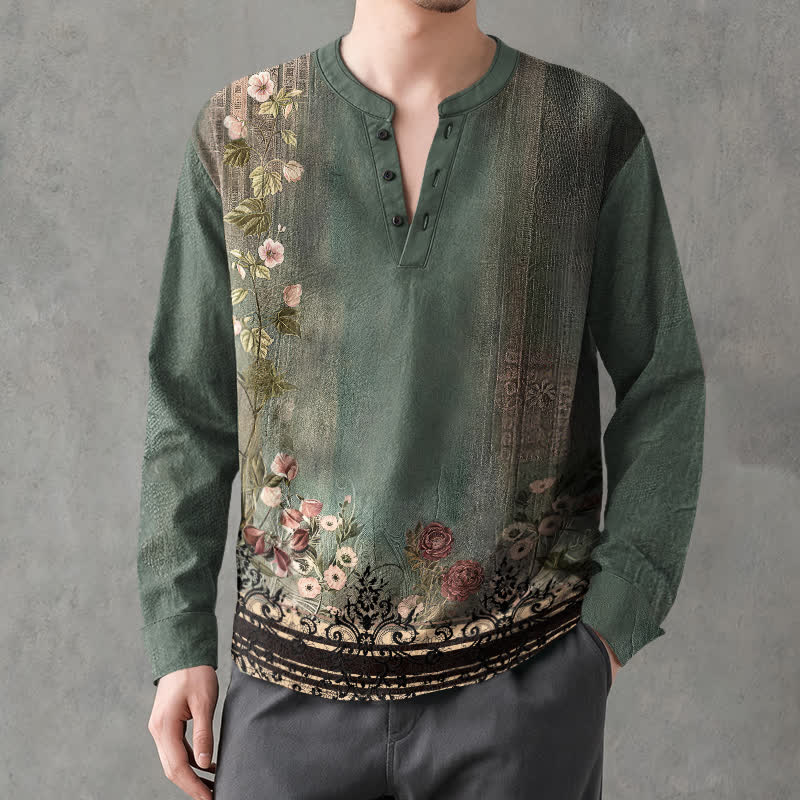 Buddha Stones Baumwollhemd mit Vintage-Blumenrankenmuster, V-Ausschnitt und Knöpfen, langärmlig, für Herren - SeaGreen - US/UK/AU48, EU58 (4XL) - image 0