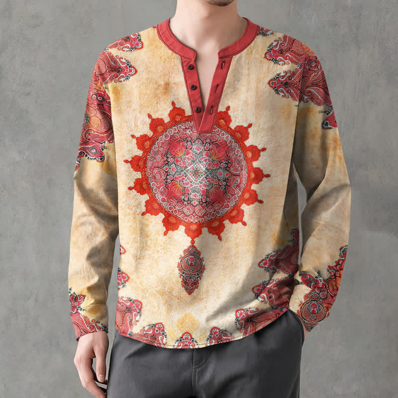 Buddha Stones Herrenhemd aus Baumwolle mit ethnischem Paisley-Mandala-Blumenmuster, V-Ausschnitt und Knöpfen, langärmlig - image 1