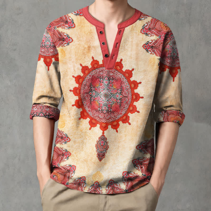 Buddha Stones Herrenhemd aus Baumwolle mit ethnischem Paisley-Mandala-Blumenmuster, V-Ausschnitt und Knöpfen, langärmlig - Weizen - US/ UK/AU48, EU58 (4XL) - image 0