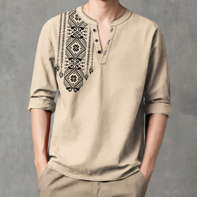 Buddha Stones Herrenhemd aus Baumwolle im Bohème-Stil mit quadratischem geometrischem Muster, V-Ausschnitt und Knöpfen, langärmlig - Beige - US/ UK/AU48, EU58 (4XL) - image 0