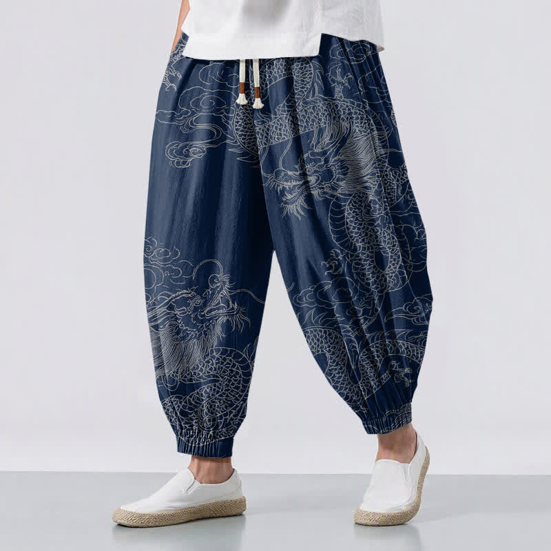 Buddha Stones Herren-Haremshose aus reiner Baumwolle mit Drachen- und Wolkenmuster, Kordelzug und Taschen - Marine - US/UK/AU50, EU60 (5XL) - image 0