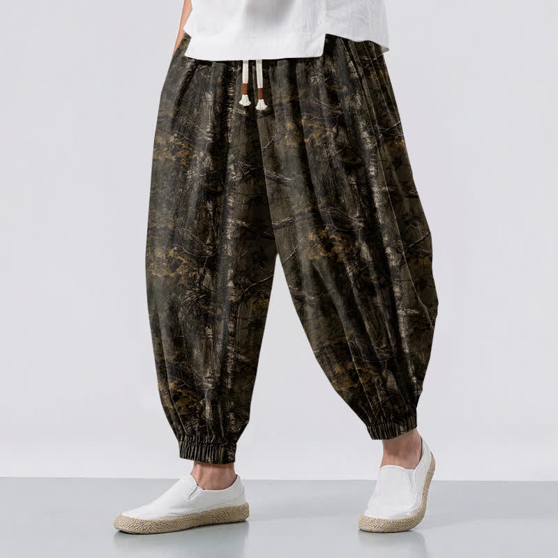 Buddha Stones Herren-Haremshose aus reiner Baumwolle mit Marmor-Camouflage-Muster, Kordelzug und Taschen - Sattelbraun - US/UK/AU50, EU60 (5XL) - image 0