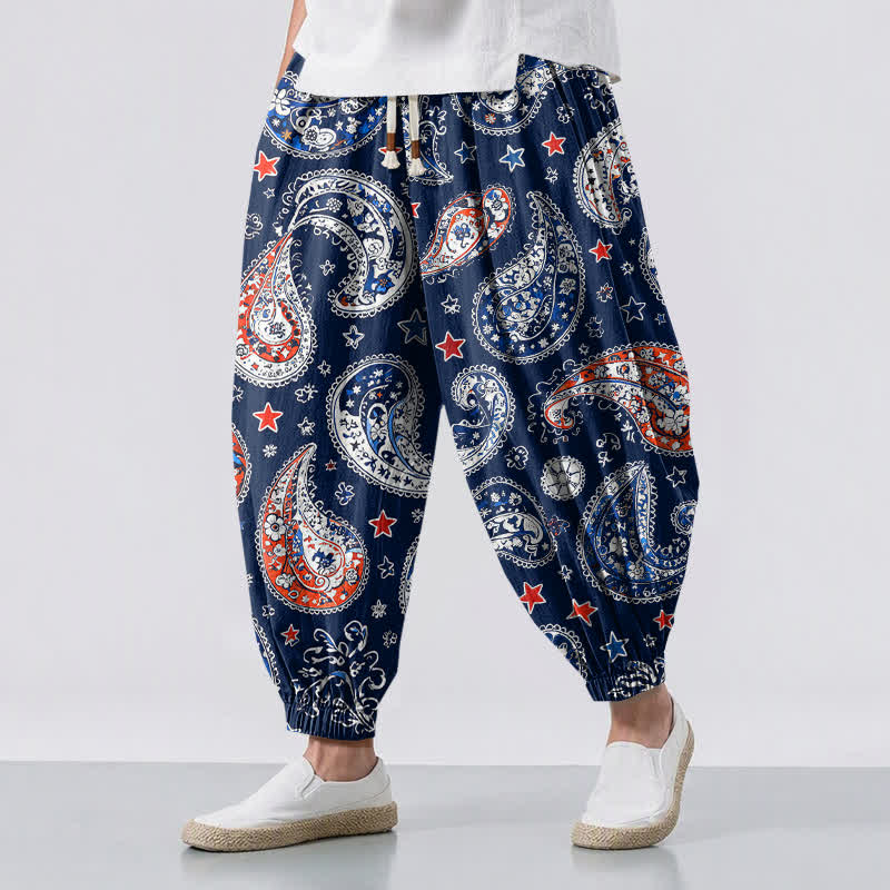 Buddha Stones Herren-Haremshose aus reiner Baumwolle mit Paisley-Sternenmuster, Kordelzug und Taschen - Marine - US/UK/AU50, EU60 (5XL) - image 0