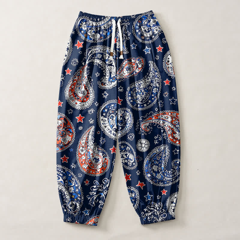 Buddha Stones Herren-Haremshose aus reiner Baumwolle mit Paisley-Sternenmuster, Kordelzug und Taschen - image 1