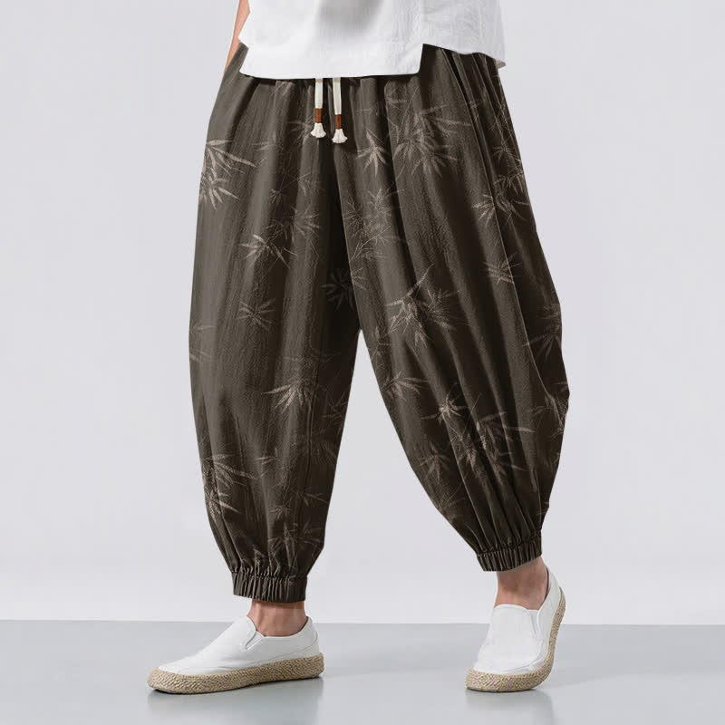 Buddha Stones Herren-Haremshose aus reiner Baumwolle mit Bambusblattmuster, Kordelzug und Taschen - Sattelbraun - US/UK/AU50, EU60 (5XL) - image 0